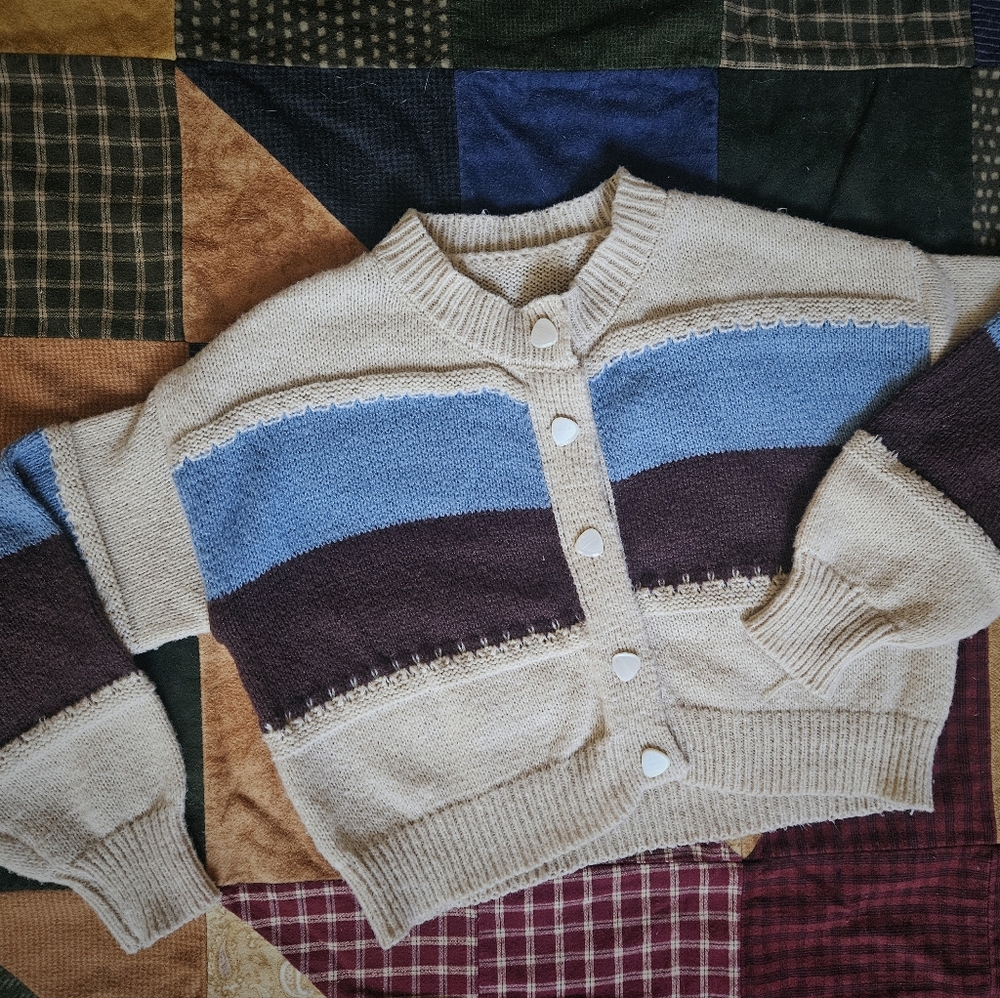 Vintage Handmade Knit Cardigan | Striped Wool Blend Sweater